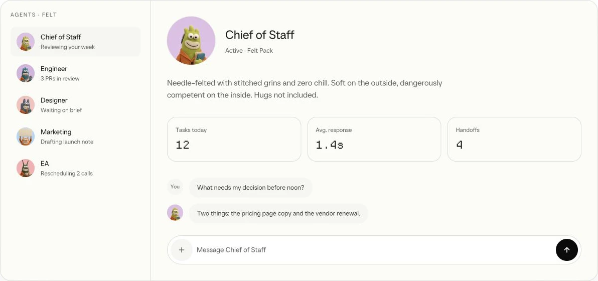 Cool Agents’ live preview with the Felt style applied to the team roster and chief-of-staff conversation.