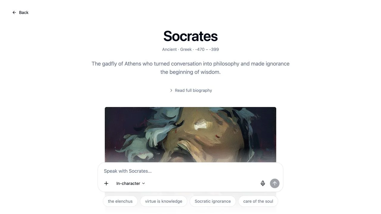 The real Socrates profile and conversation interface in Dialogues.