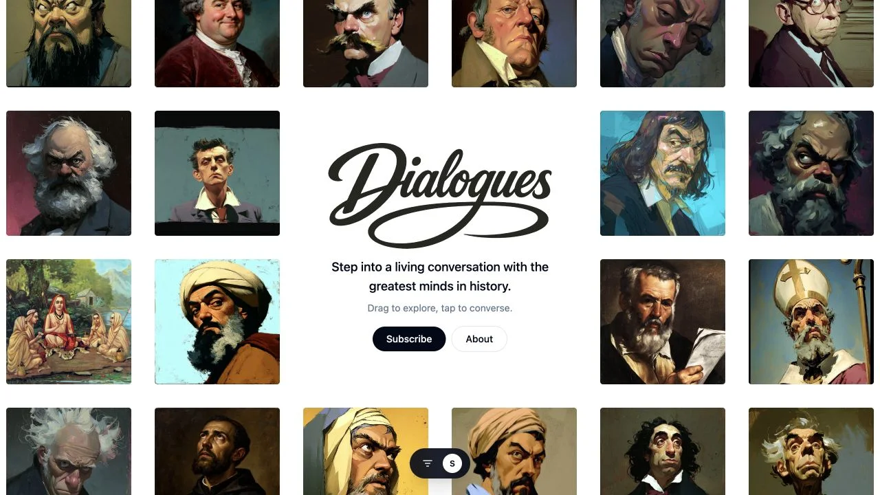 The original Dialogues homepage, with its spatial gallery and central invitation to start a conversation.