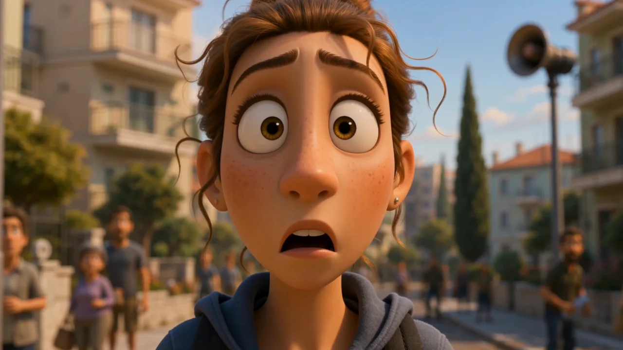 Animated character on a sunlit street in Lucky Us.