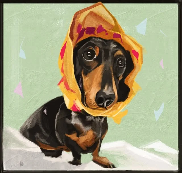 Painting of a dachshund wearing a yellow hood against a pale green background.