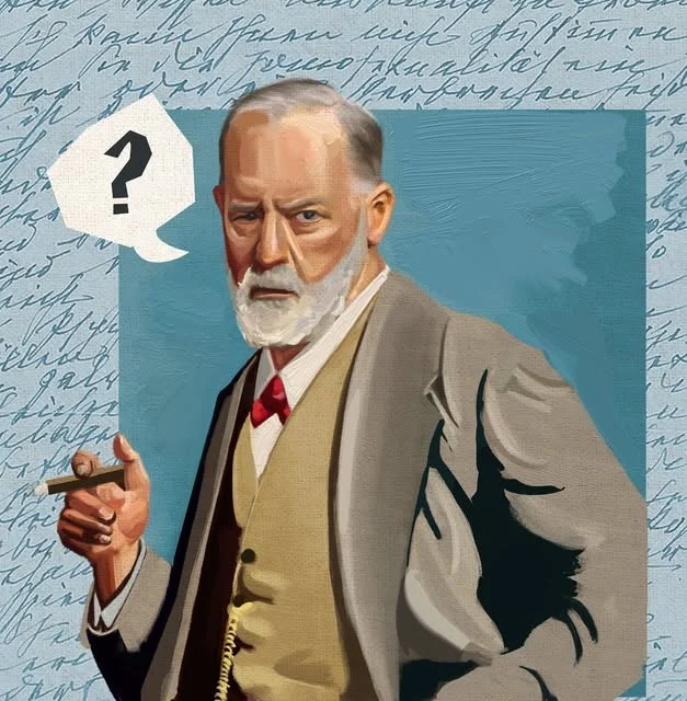 Painted portrait of a bearded man in a suit, with handwritten notes behind him.