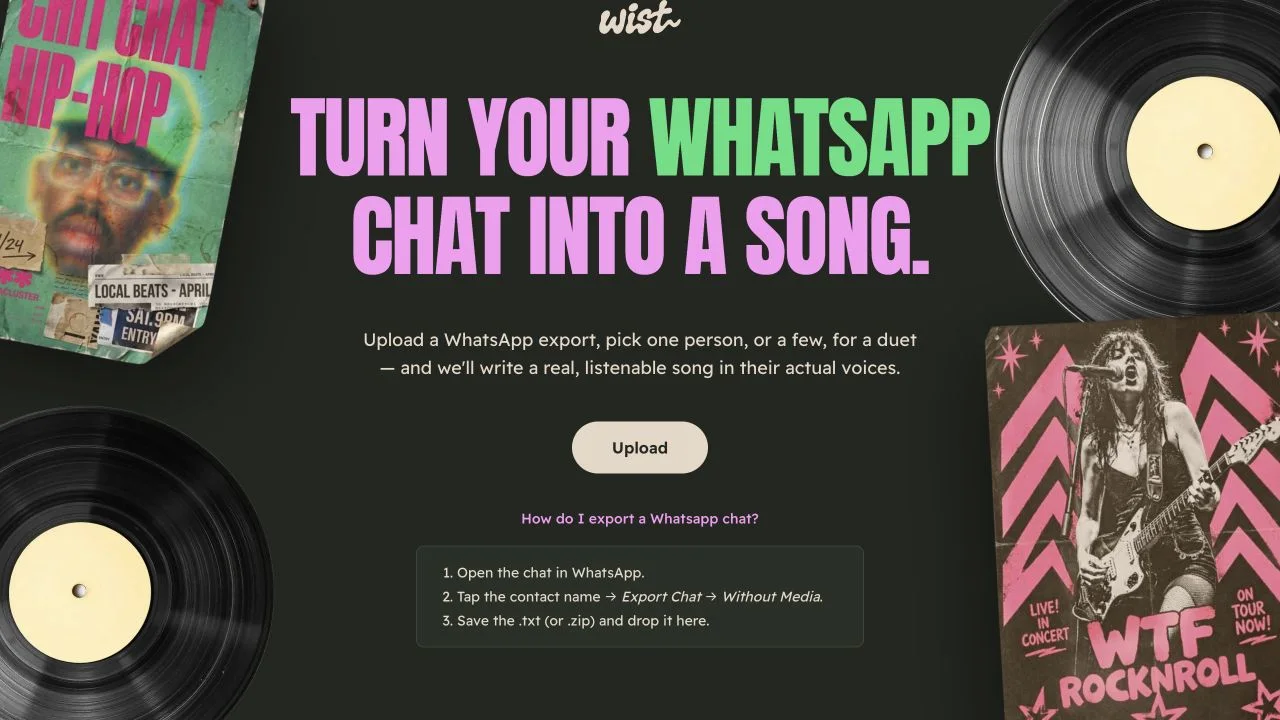 Wist’s homepage with its WhatsApp export instructions open.